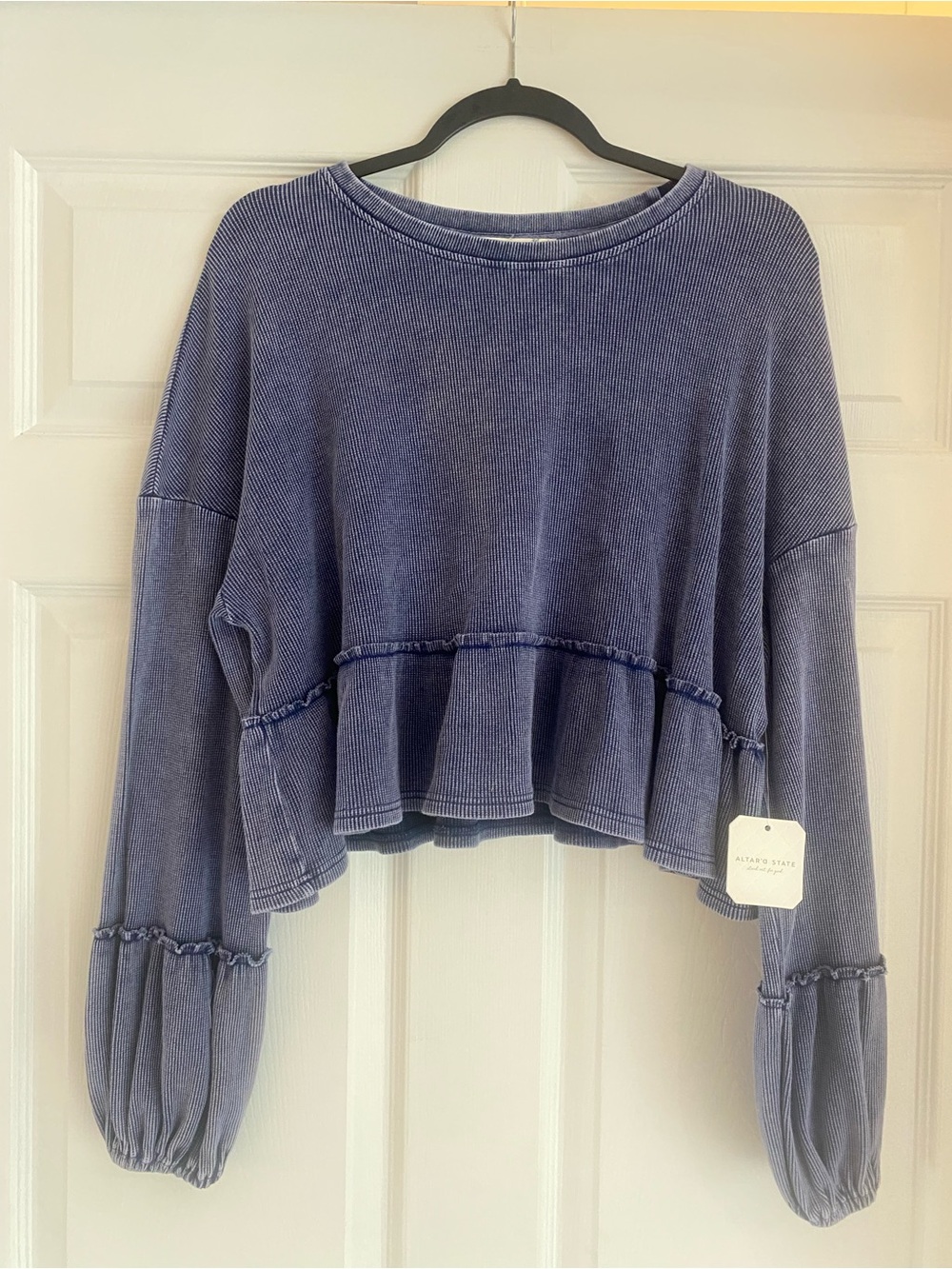 Altar'd State Washed Indigo Ruffle-Hem Long Sleeve Top